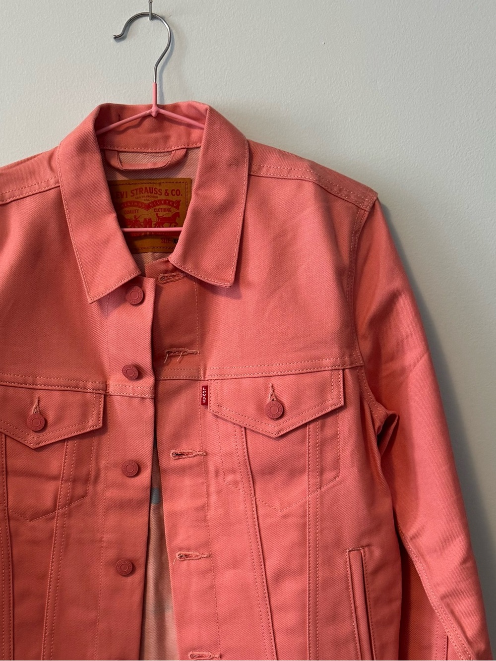 Levi's Coral-Pink Raw Denim Jacket with hand painted back